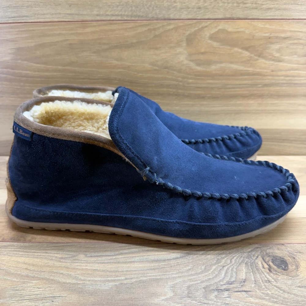 LL BEAN Wicked Good Slippers Boot Moc Mens 12 Navy Blue Suede Moc Toe Shearling